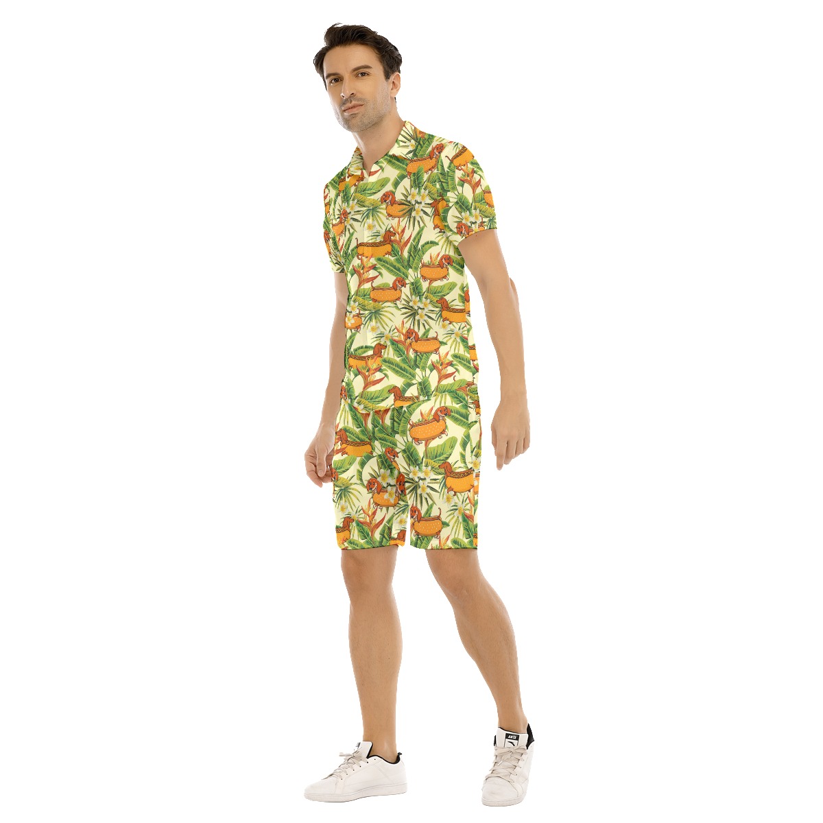 Yellow Floral Hot Dog Dachshund Dog Hawaiian Shirt And Shorts For Men