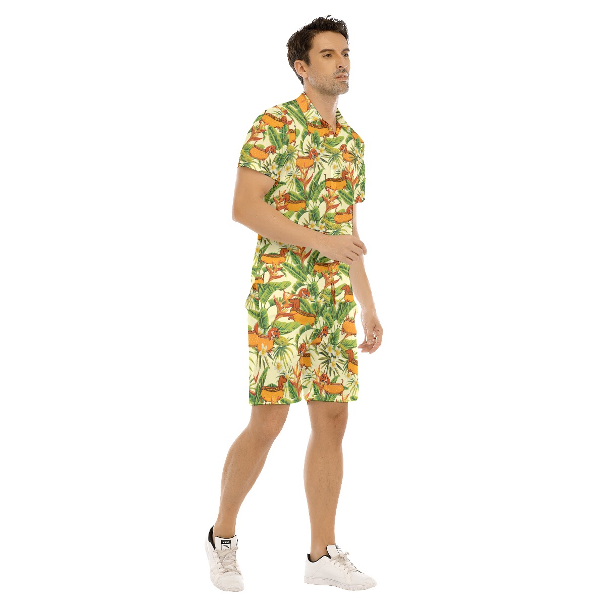 Yellow Floral Hot Dog Dachshund Dog Hawaiian Shirt And Shorts For Men