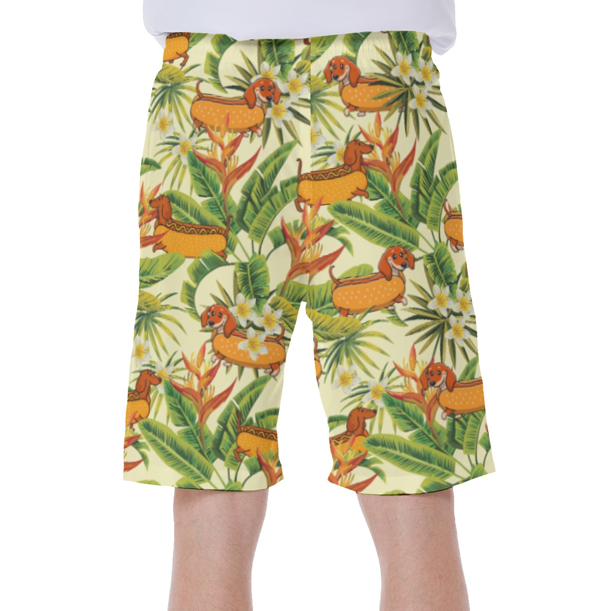 Floral Dachshund Hot Dog Yellow Hawaiian Swim Trunks For Men