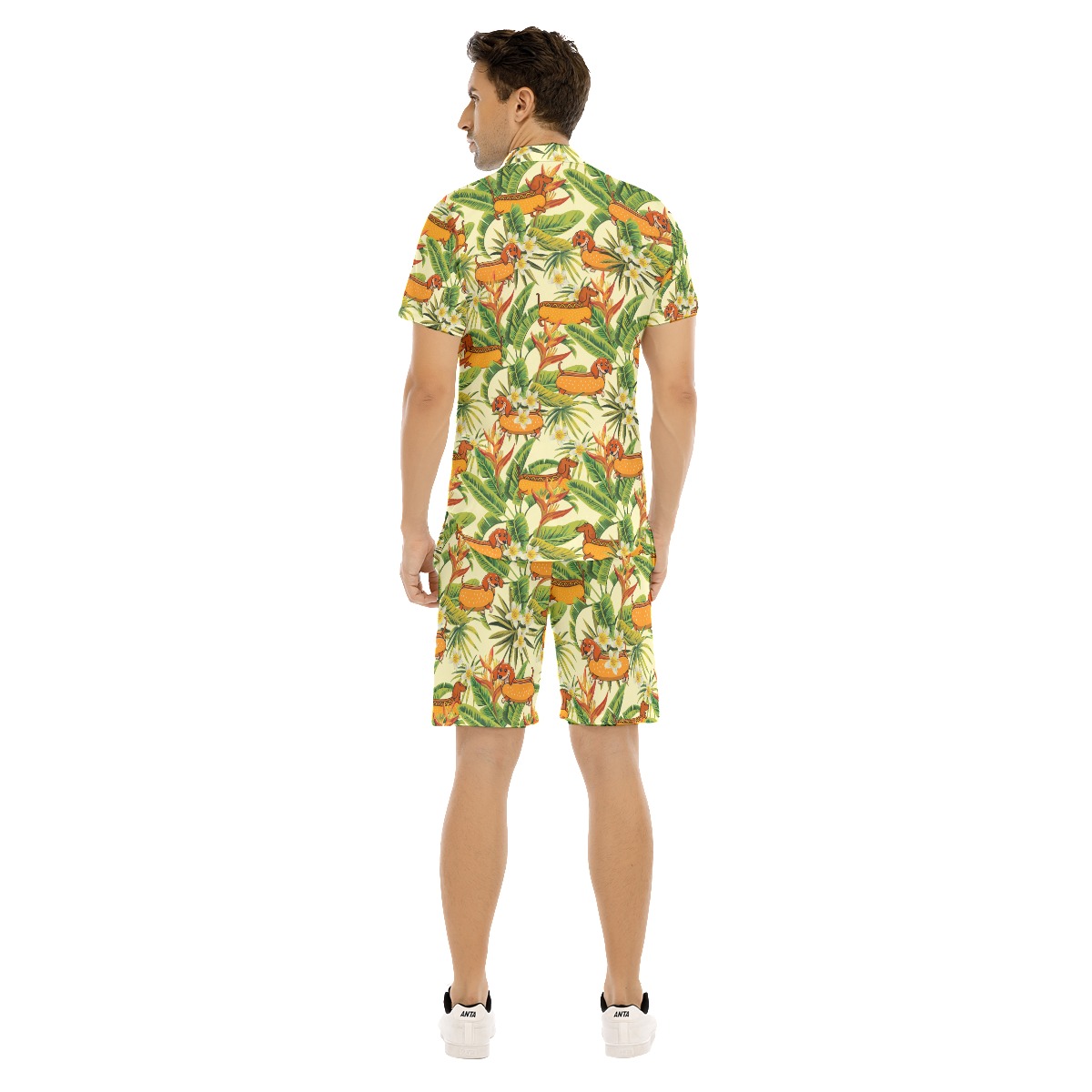 Yellow Floral Hot Dog Dachshund Dog Hawaiian Shirt And Shorts For Men