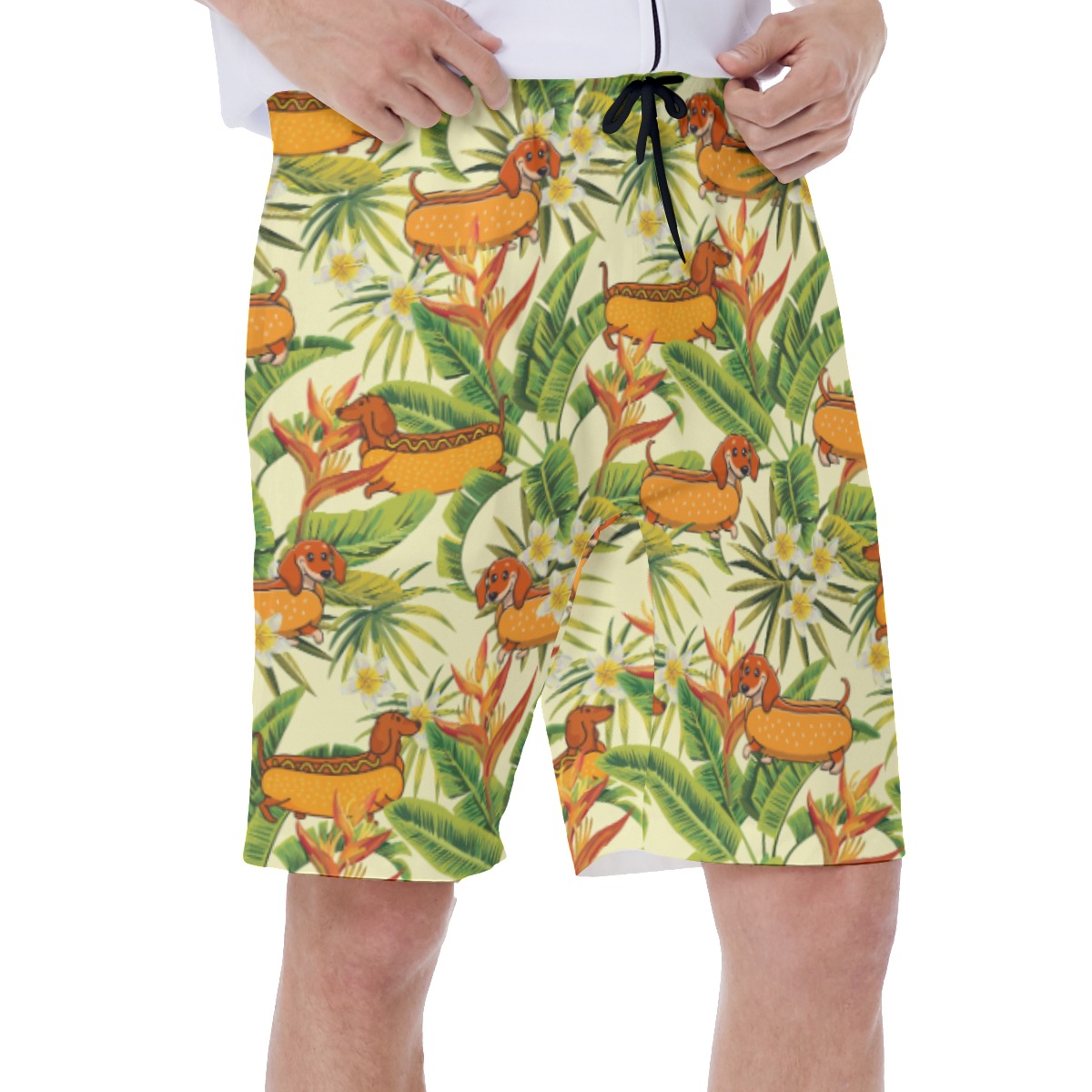 Floral Dachshund Hot Dog Yellow Hawaiian Swim Trunks For Men