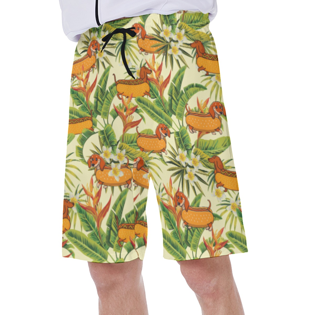 Floral Dachshund Hot Dog Yellow Hawaiian Swim Trunks For Men