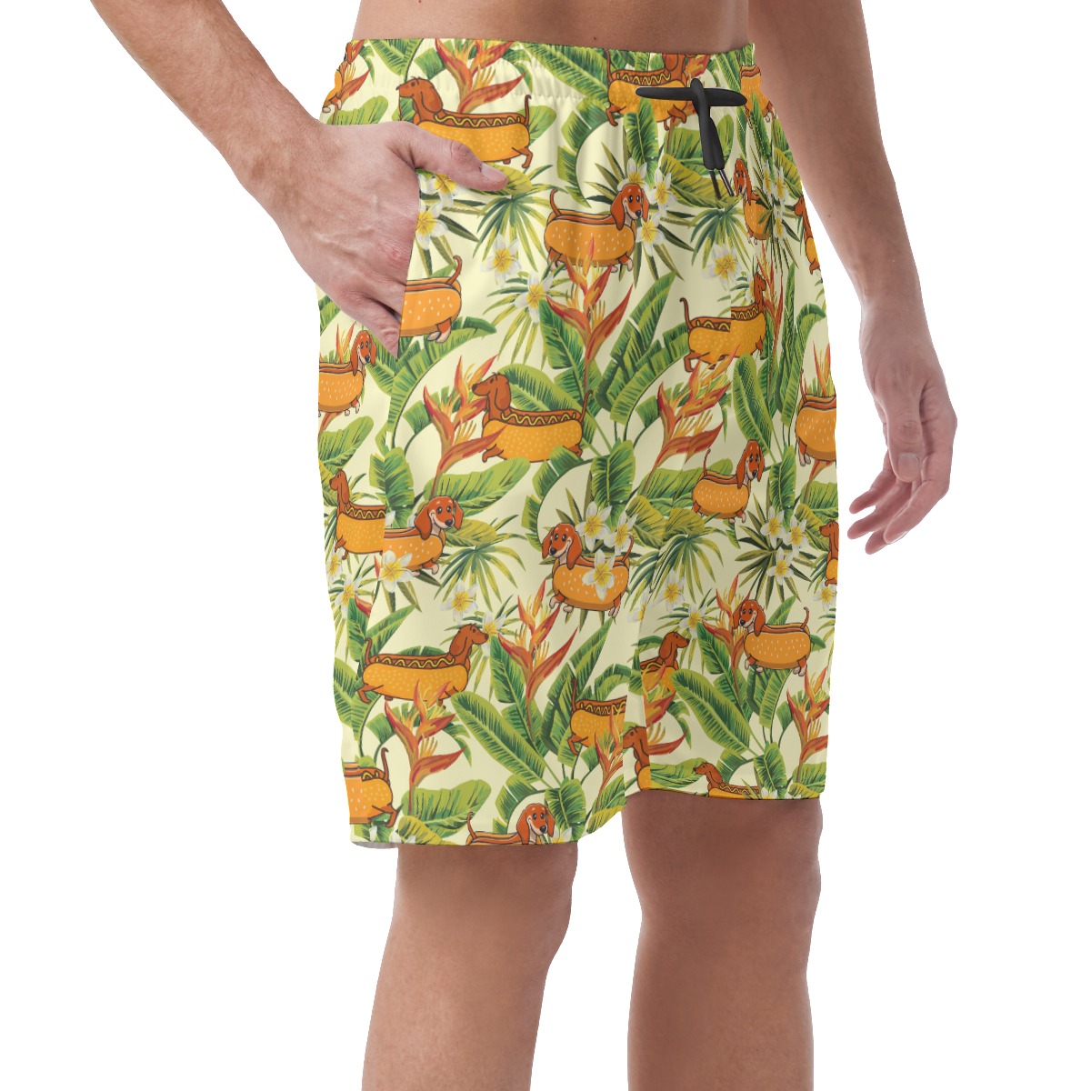 Funny Dachshund Hot Dog Floral Yellow Hawaiian Beach Shorts