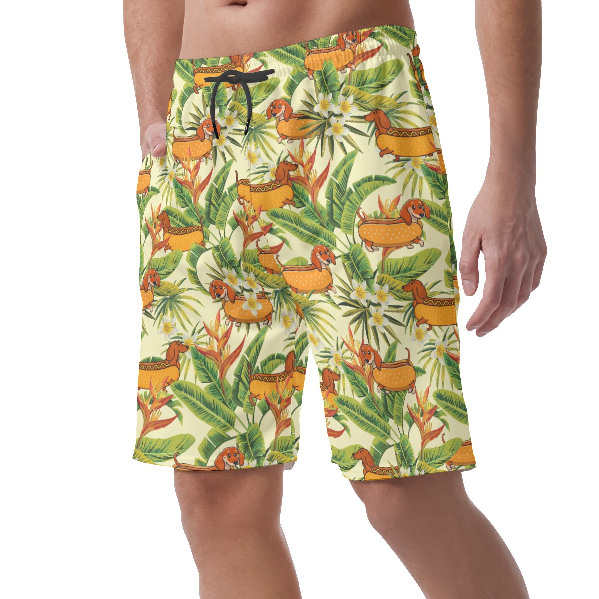 Funny Dachshund Hot Dog Floral Yellow Hawaiian Beach Shorts