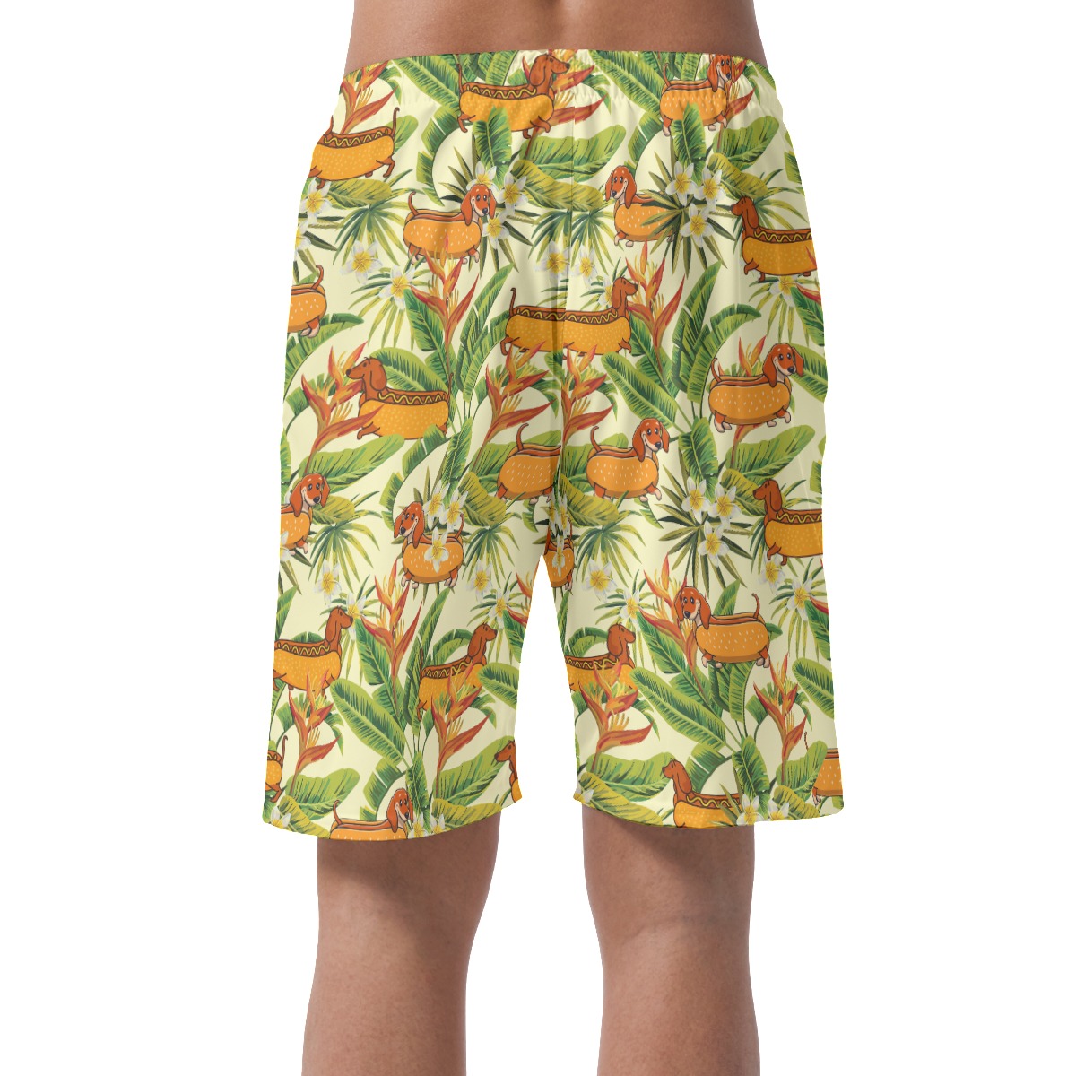Funny Dachshund Hot Dog Floral Yellow Hawaiian Beach Shorts