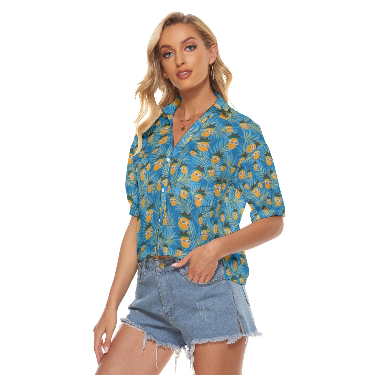 Blue Pineapple Hawaiian Crop Top Shirt For Women