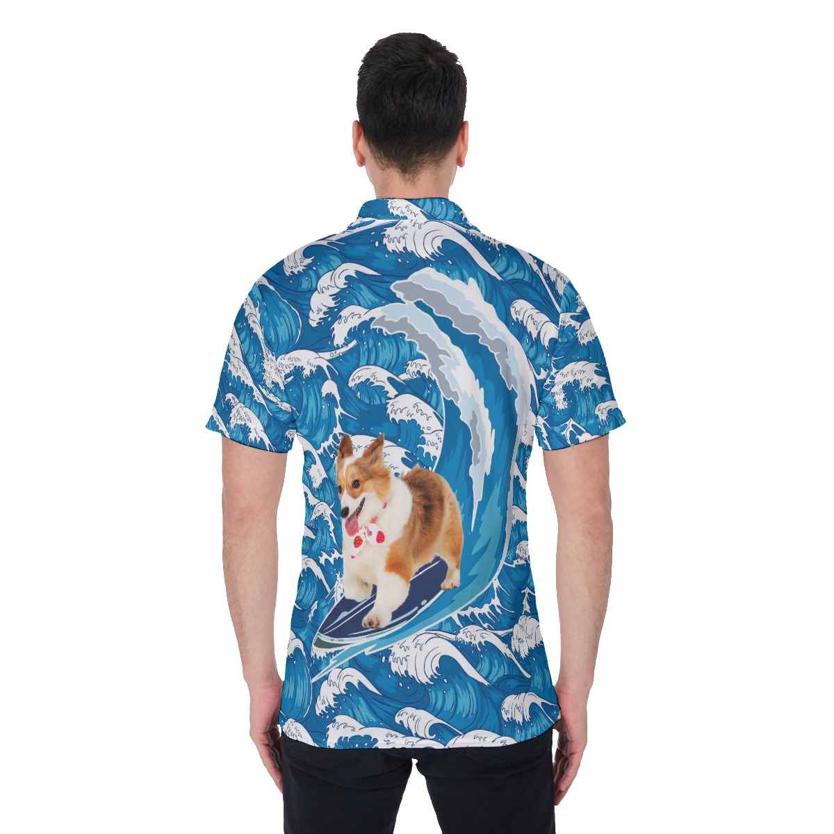Funny Corgi Surfing Hawaiian Polo Shirt For Men