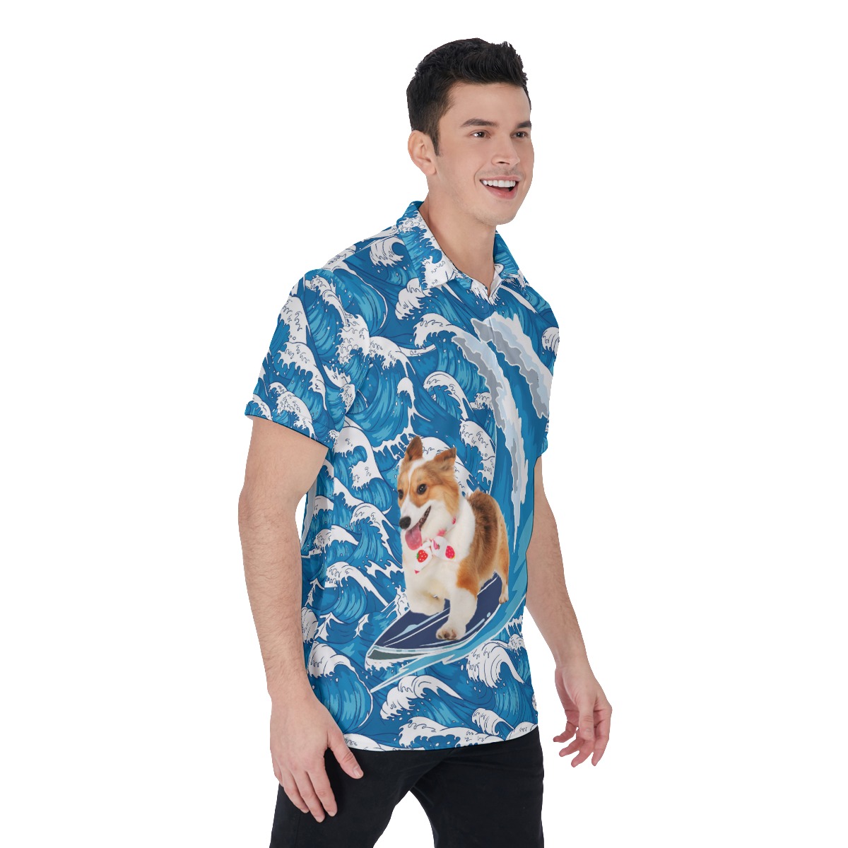 Funny Corgi Surfing Hawaiian Polo Shirt For Men