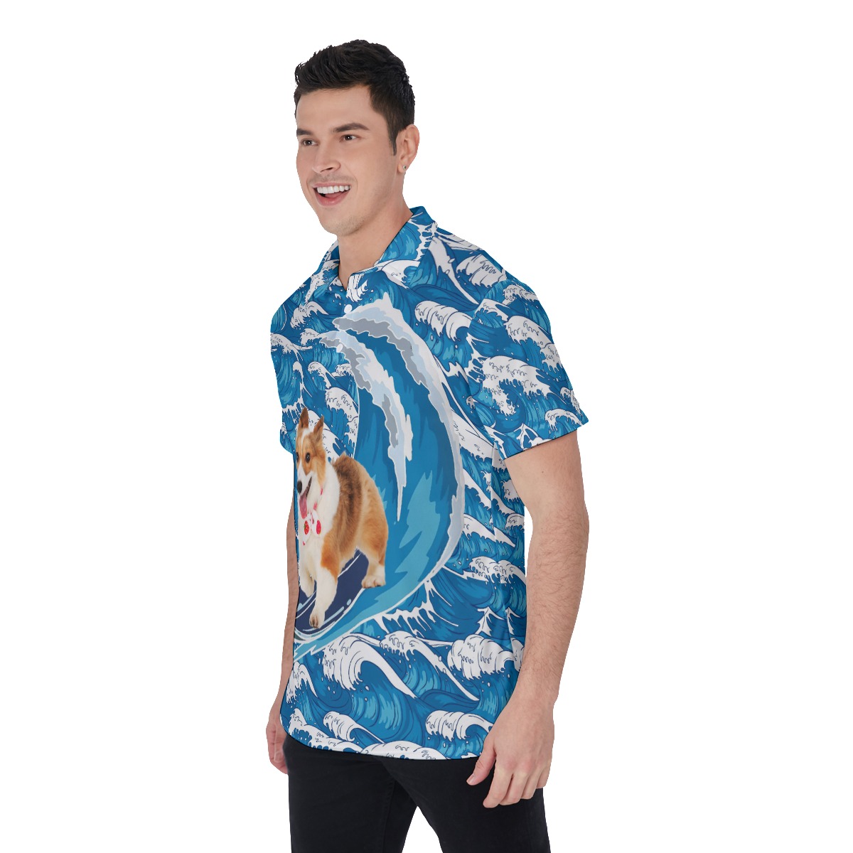 Funny Corgi Surfing Hawaiian Polo Shirt For Men