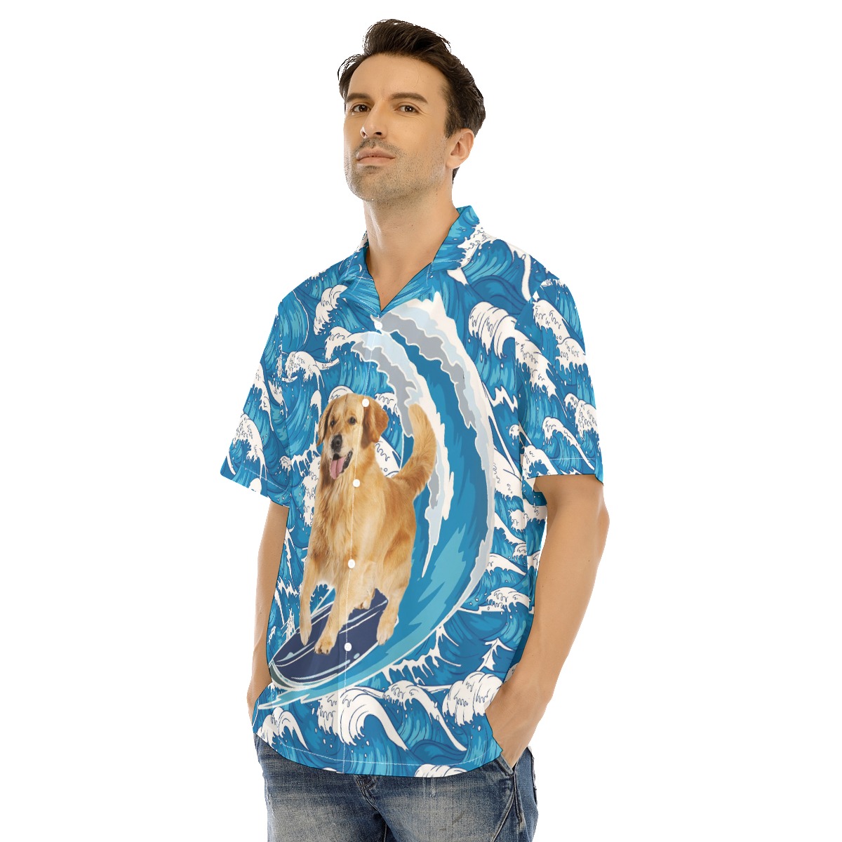 Golden Retriever Surfing Men's Hawaiian Shirt