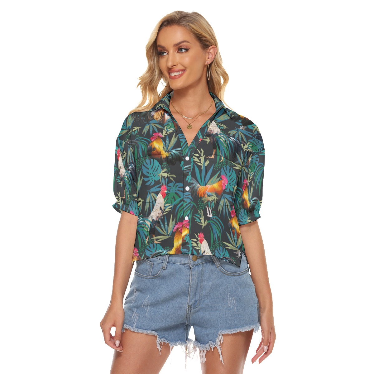 Rooster Tropical Hawaiian Cropped Shirt For Women - variant image 1