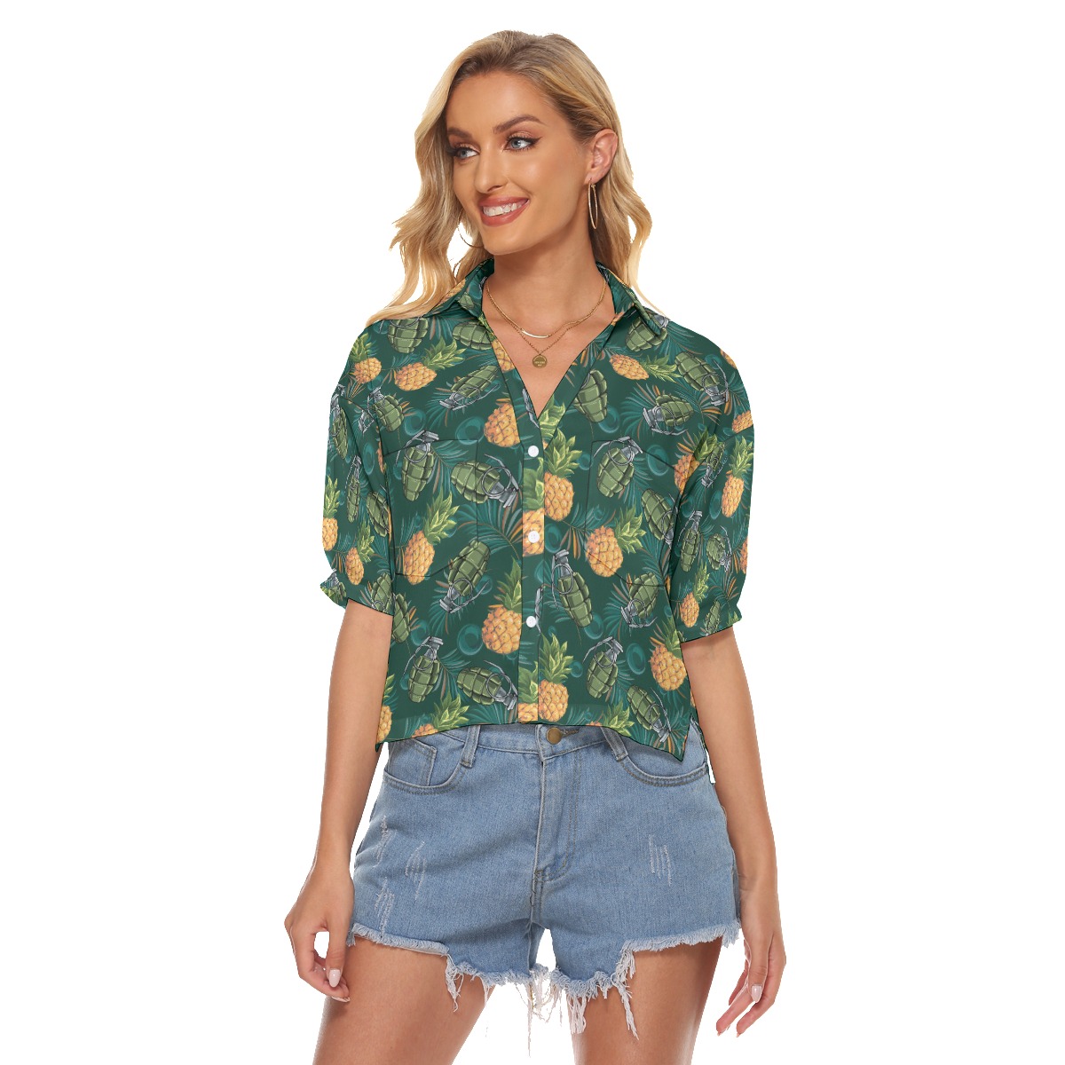 Funny Pineapple Grenade Tropical Green Hawaiian Crop Top Shirt For Women - variant image 1