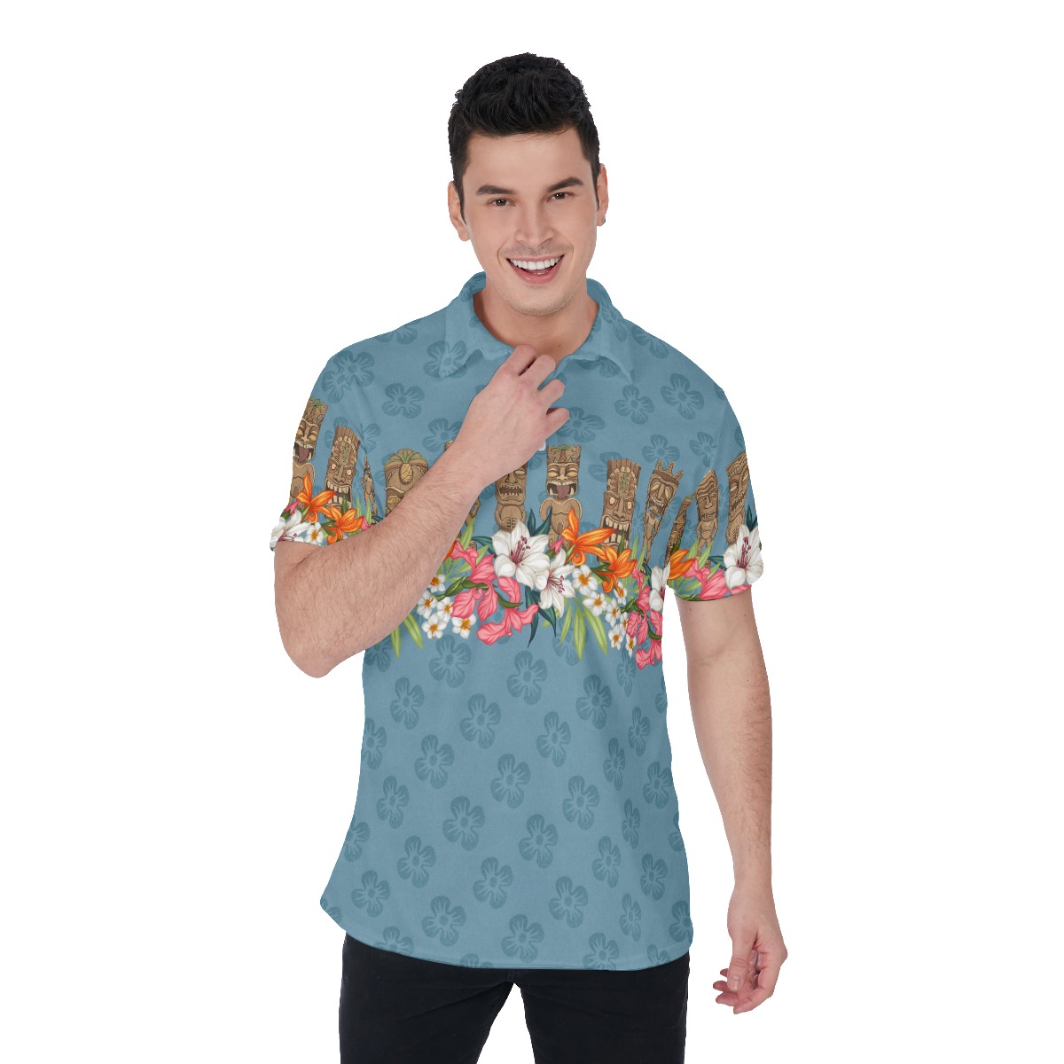 Tiki Vintage Floral Blue Hawaiian Polo Shirt For Men - variant image 1