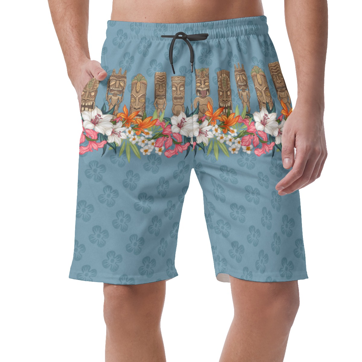 Classic Tiki Floral Blue Hawaiian Beach Shorts For Men - variant image 1