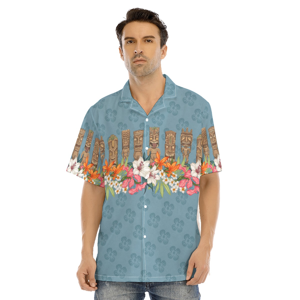 Floral Tiki Classic Blue Hawaiian Shirt - variant image 1