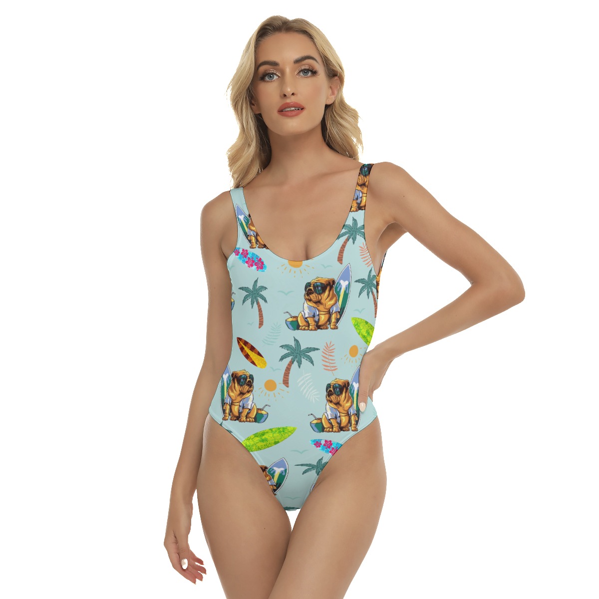 Funny Bulldog Surfing Palm Tree Women's Hawaiian Swimsuit - variant image 1