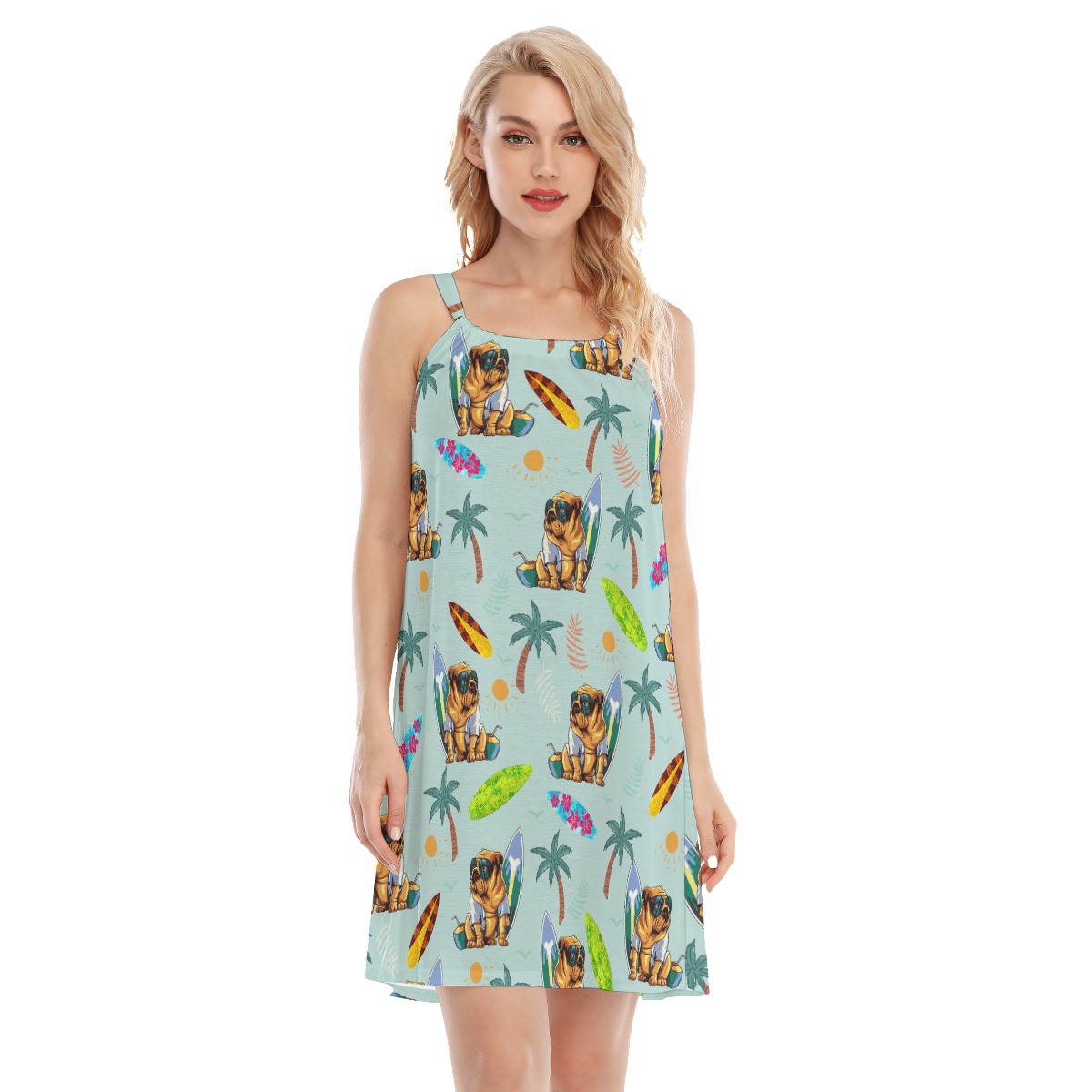 Funny Bulldog Surf And Palm Tree Aloha Women's Dress - variant image 1