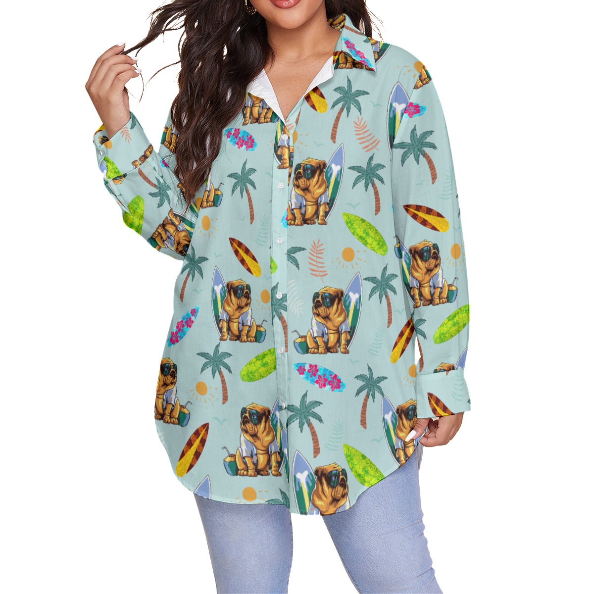 Palm Tree Bulldog Surfing Hawaiian Plus Size Shirt For Women - variant image 1