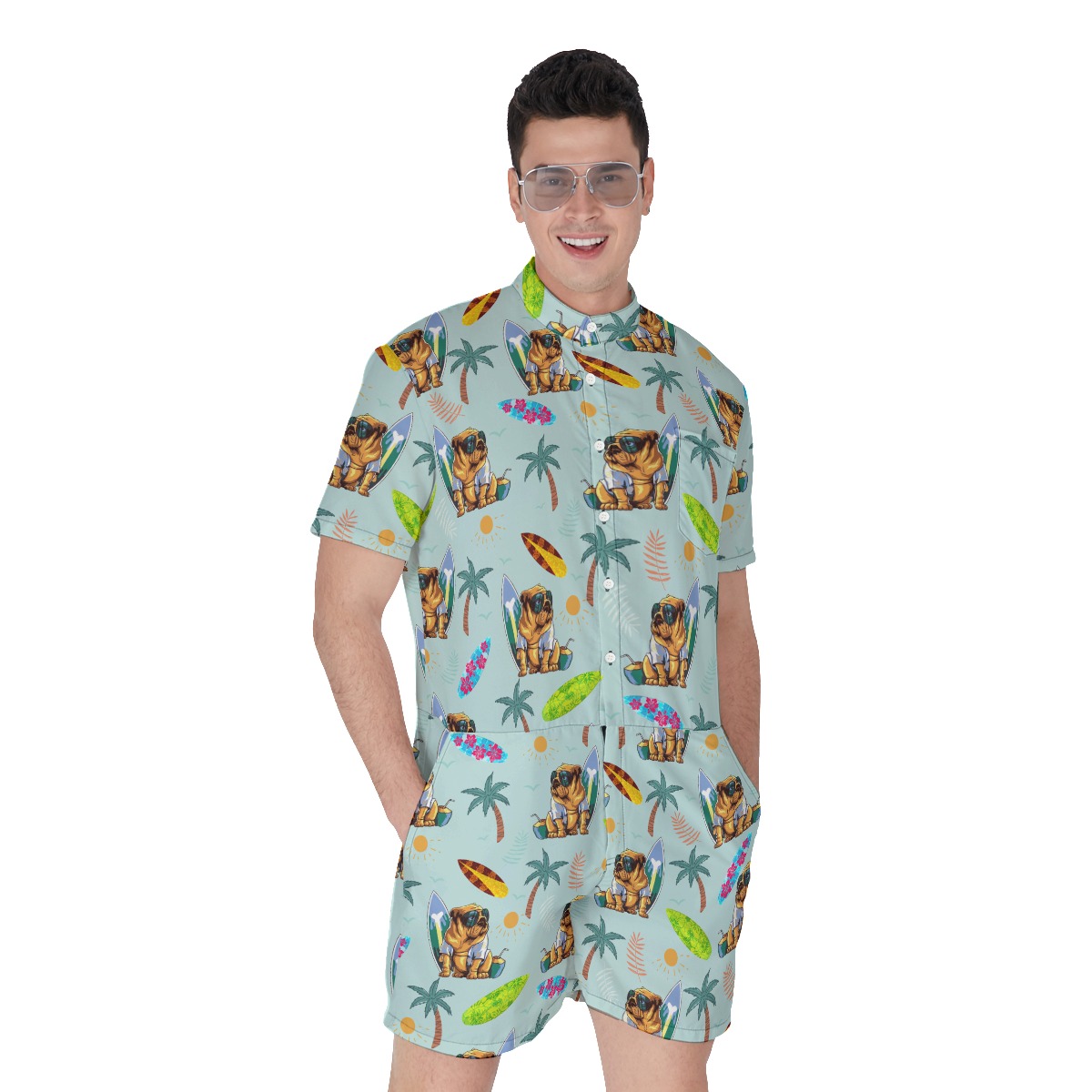 Funny Bulldog Surf And Palm Men's Hawaiian Romper - variant image 1