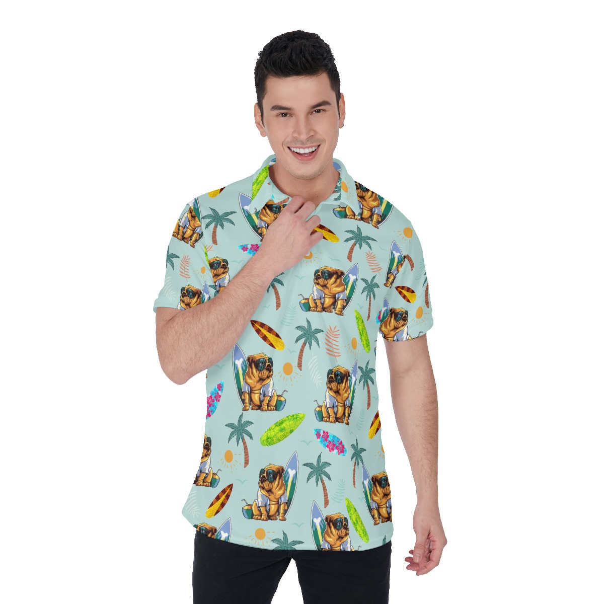 Funny Palm Tree Bulldog Surf Boards Hawaiian Polo Shirt - variant image 1