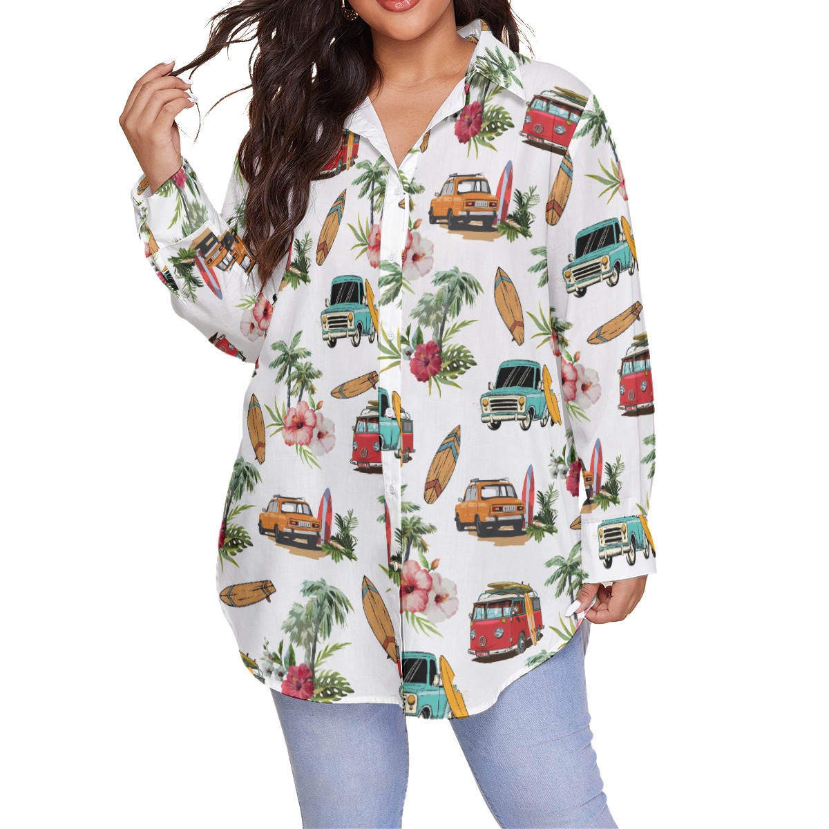 Surfing Boards And Cars Tropical White Hawaiian Plus Size Shirt - variant image 1