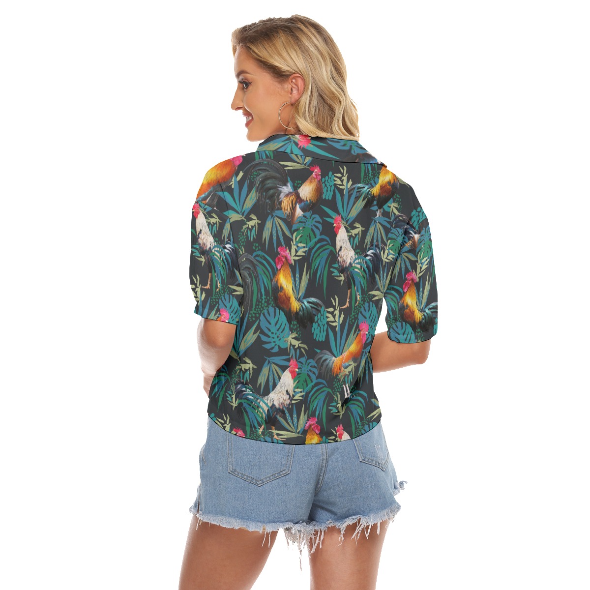 Rooster Tropical Hawaiian Cropped Shirt For Women