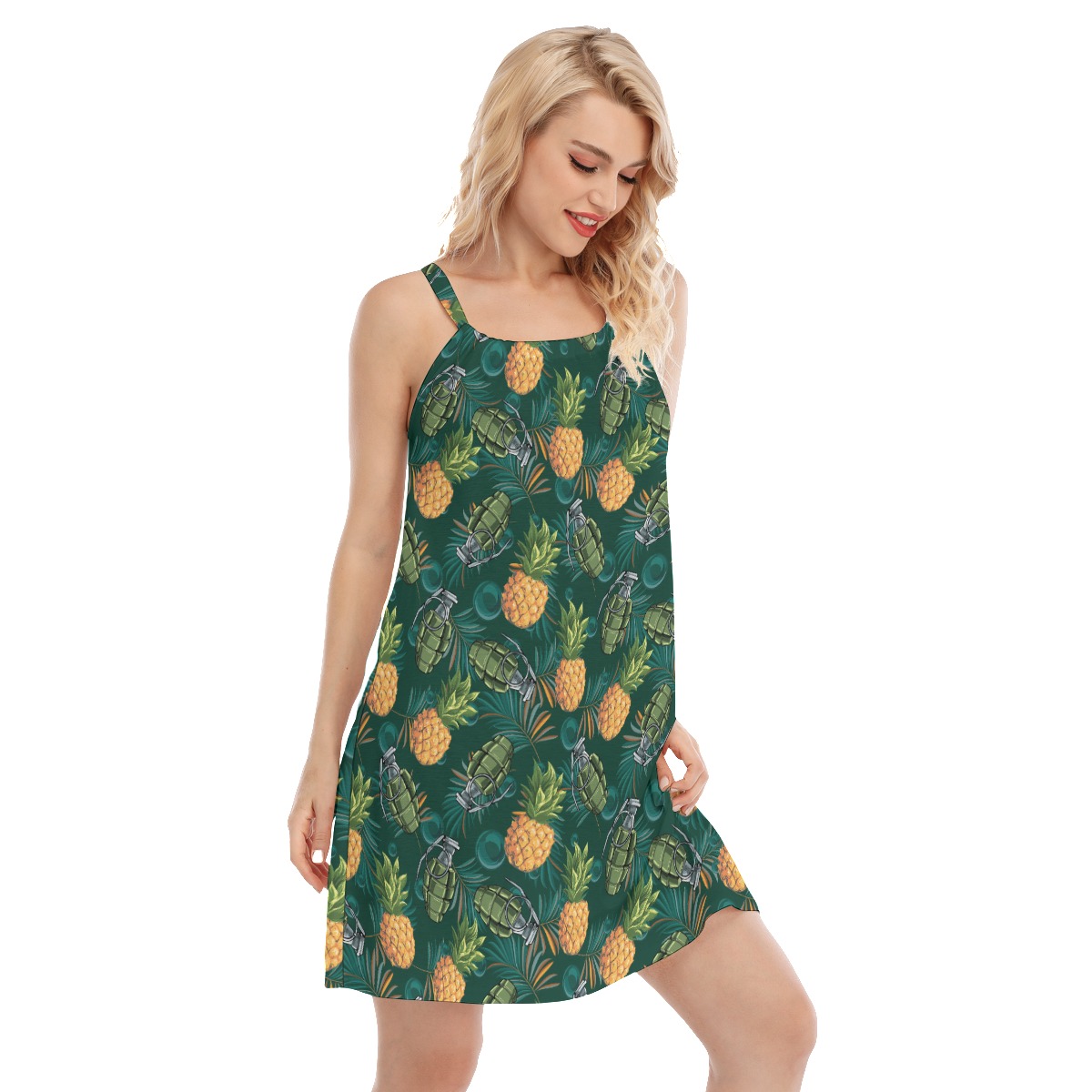 Tropical Pineapple Grenade Green Hawaiian Dress For Women