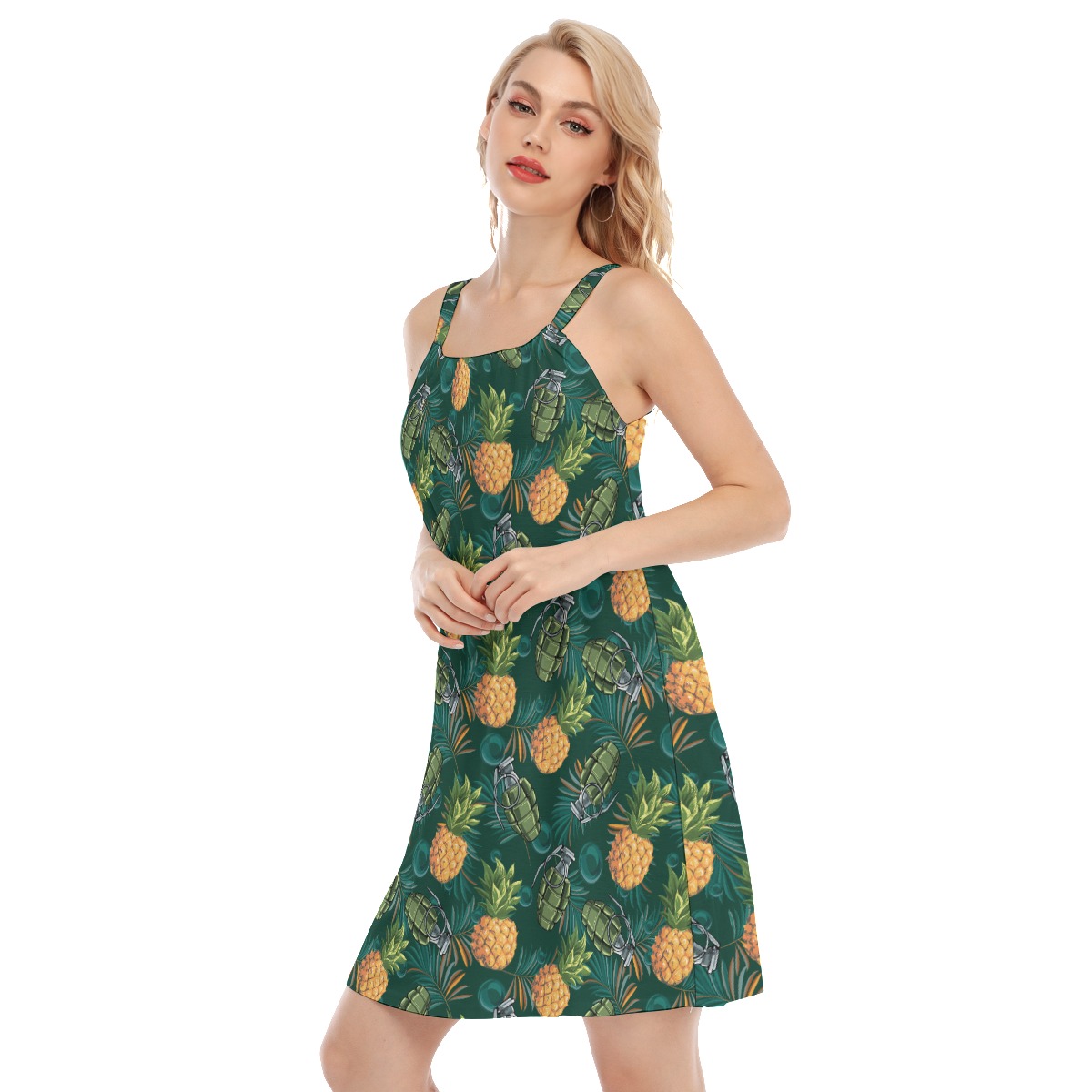 Tropical Pineapple Grenade Green Hawaiian Dress For Women