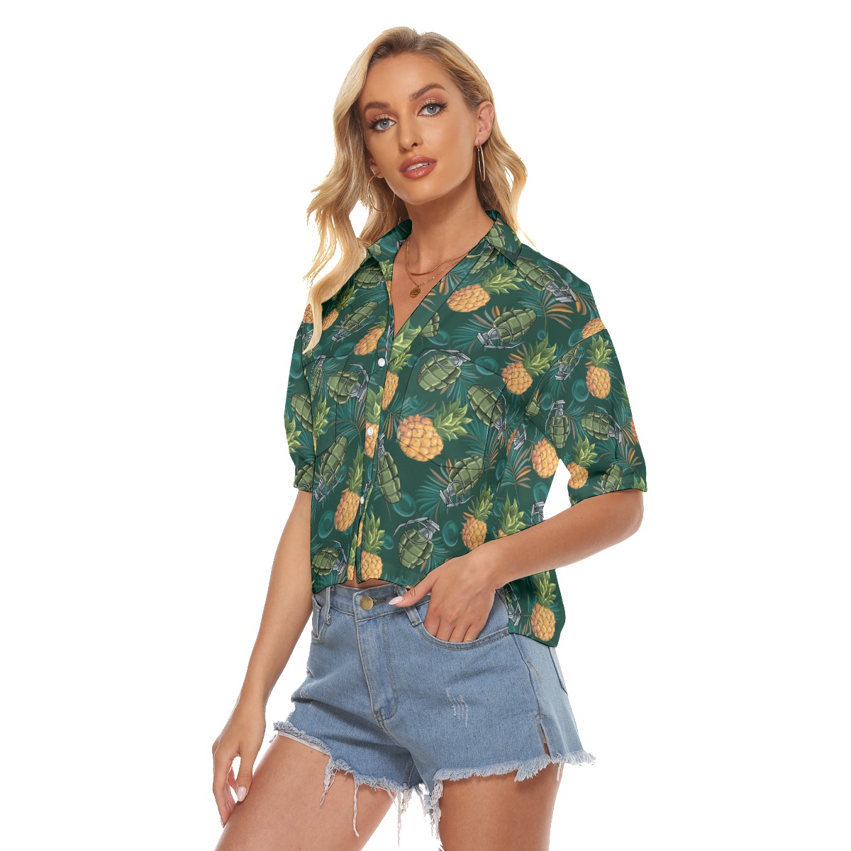 Funny Pineapple Grenade Tropical Green Hawaiian Crop Top Shirt For Women
