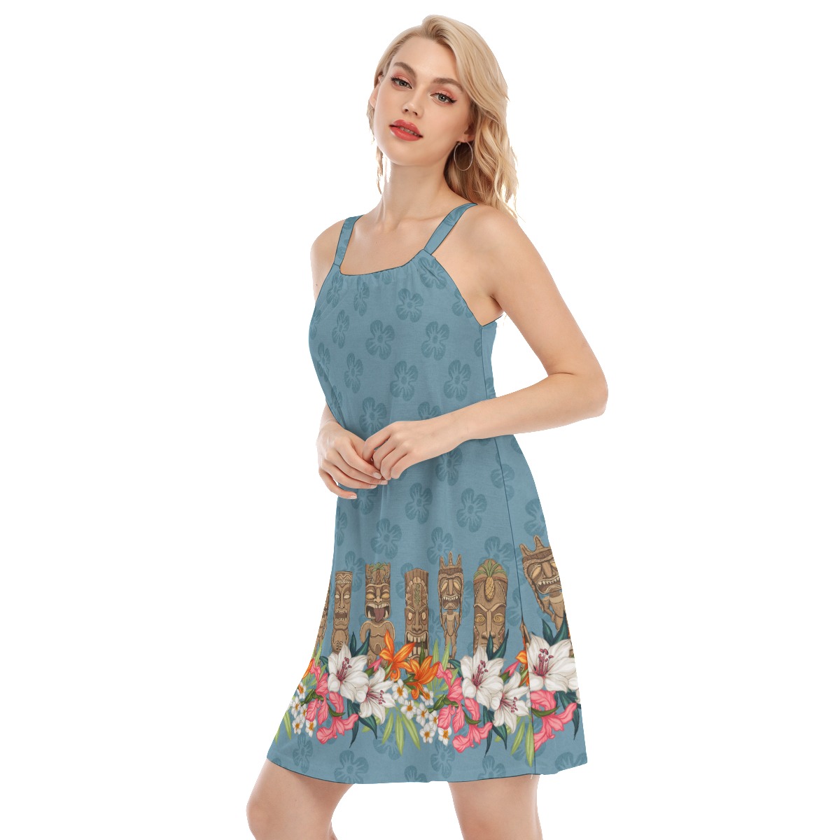 Funny Tiki Floral Vintage Blue Aloha Cami Dress