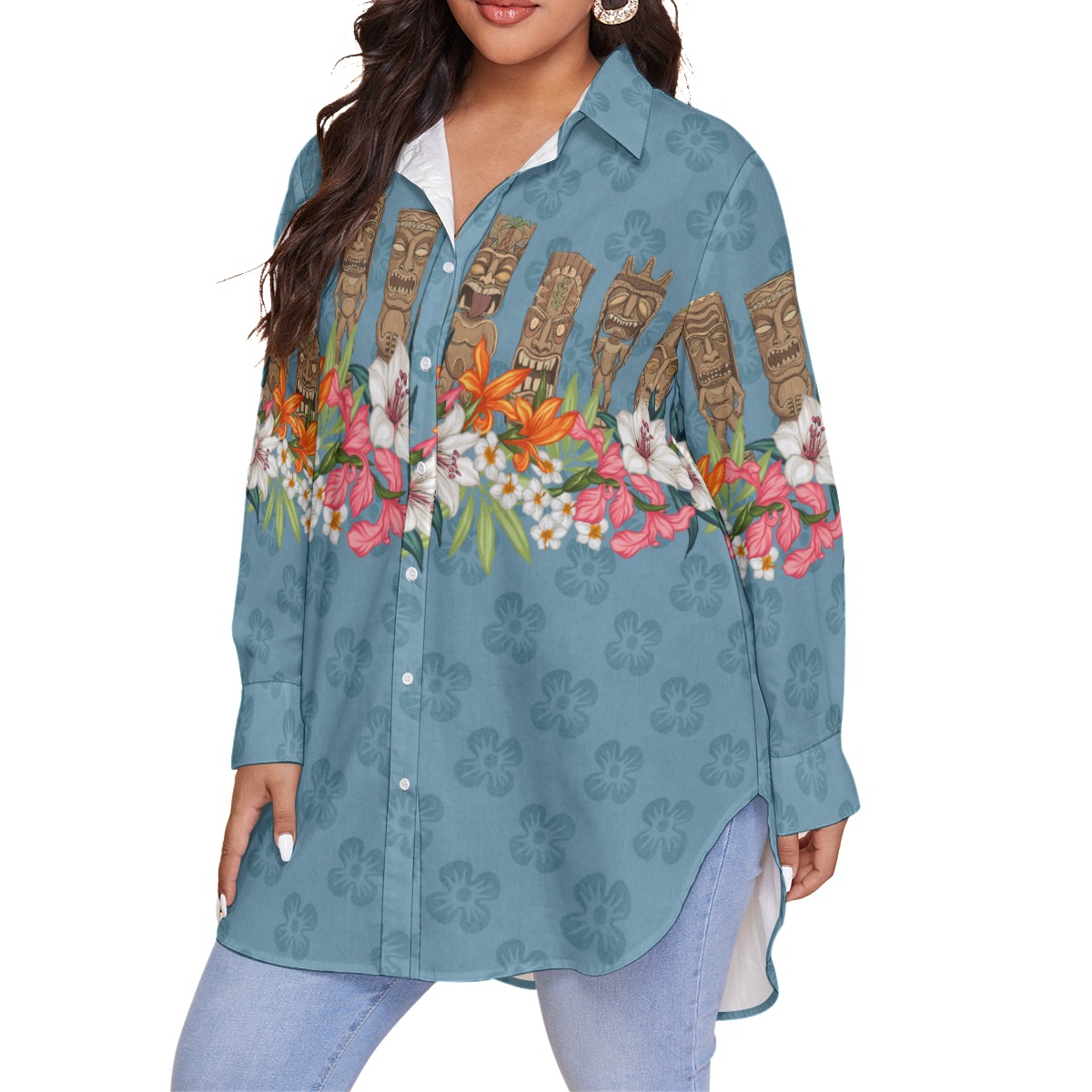 Tiki Vintage Floral Hawaiian Blouse Shirt For Women