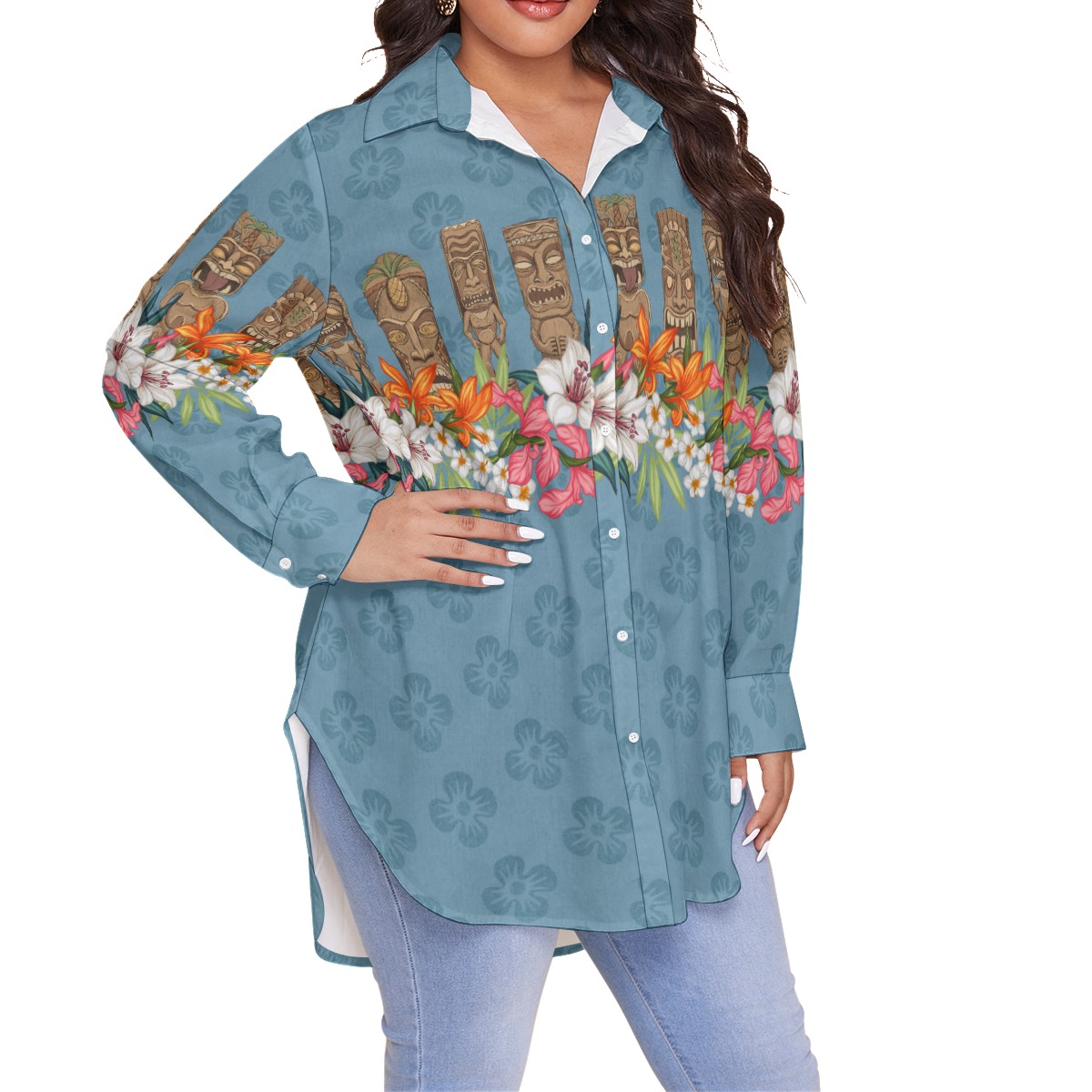 Tiki Vintage Floral Hawaiian Blouse Shirt For Women