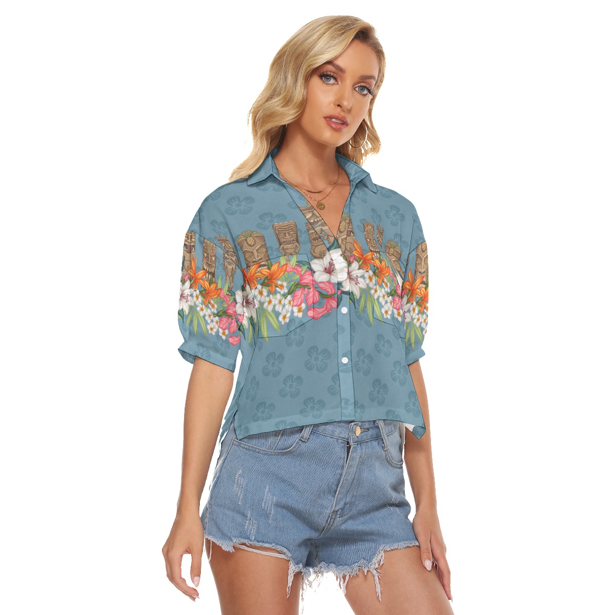 Blue Tiki Floral Classic Hawaiian Cropped Shirt For Women