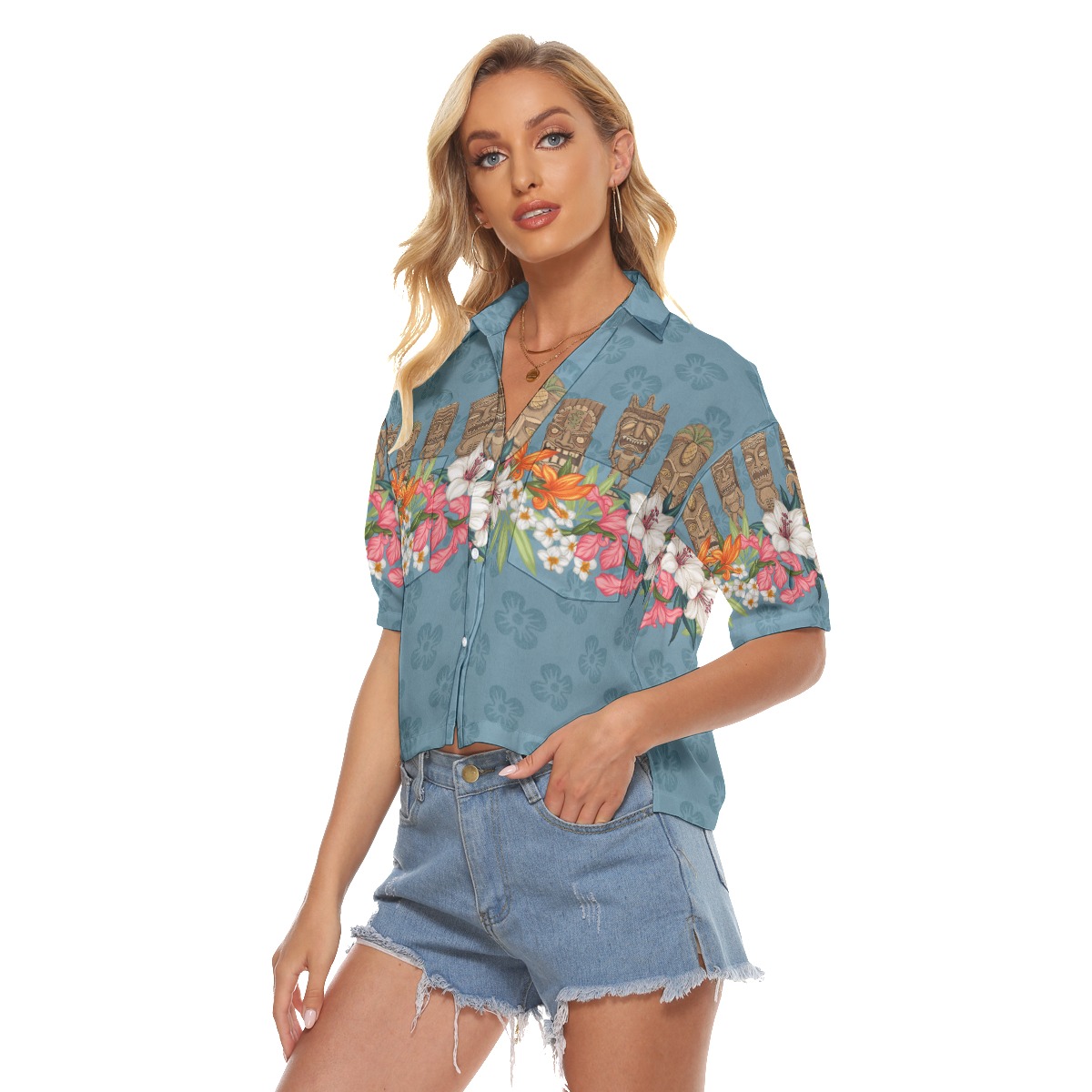 Blue Tiki Floral Classic Hawaiian Cropped Shirt For Women