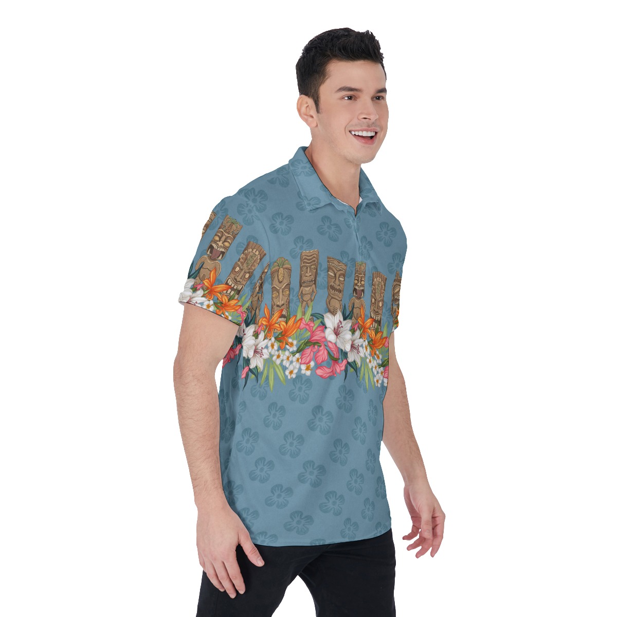 Tiki Vintage Floral Blue Hawaiian Polo Shirt For Men