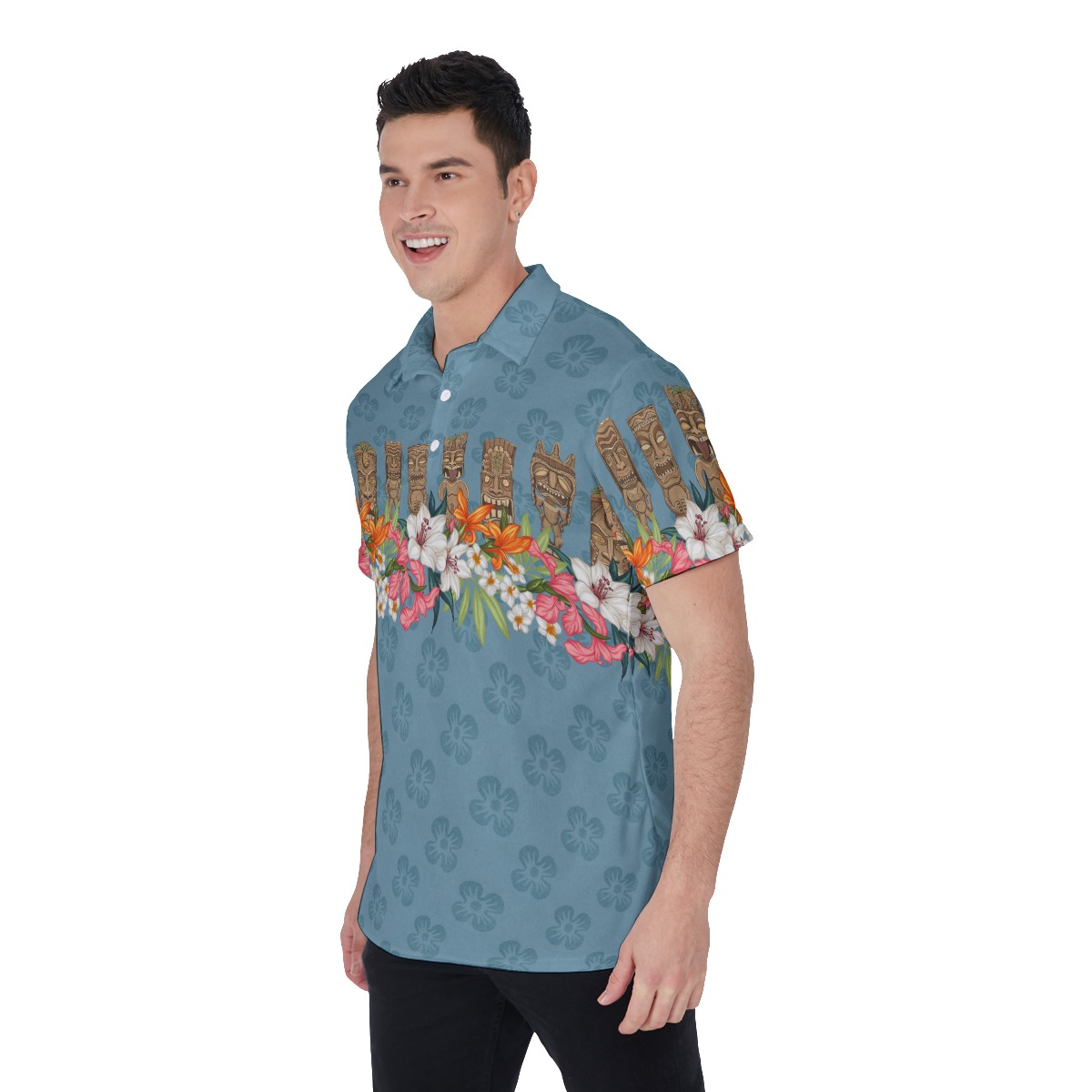Tiki Vintage Floral Blue Hawaiian Polo Shirt For Men