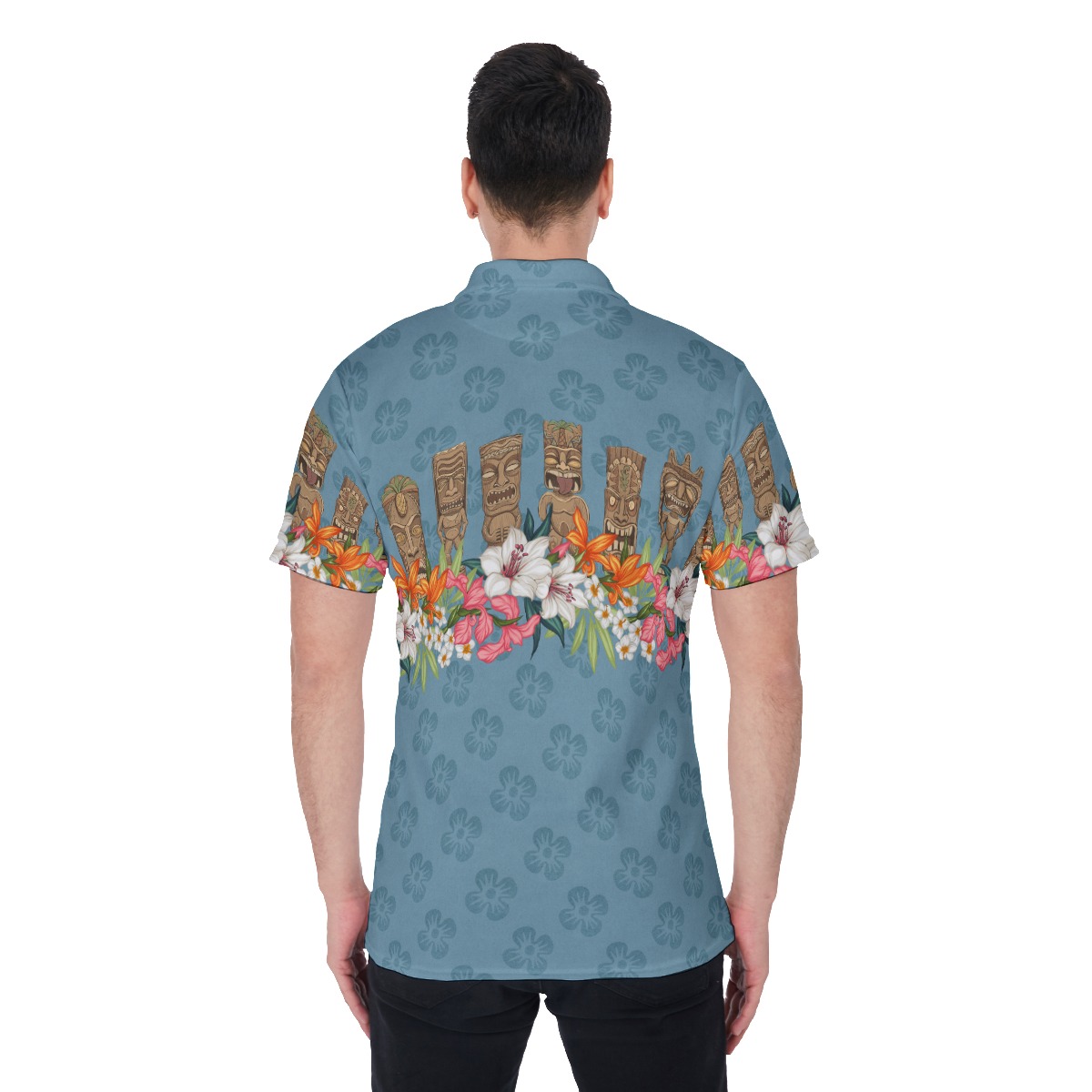 Tiki Vintage Floral Blue Hawaiian Polo Shirt For Men
