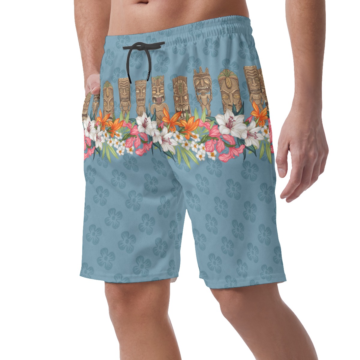 Classic Tiki Floral Blue Hawaiian Beach Shorts For Men