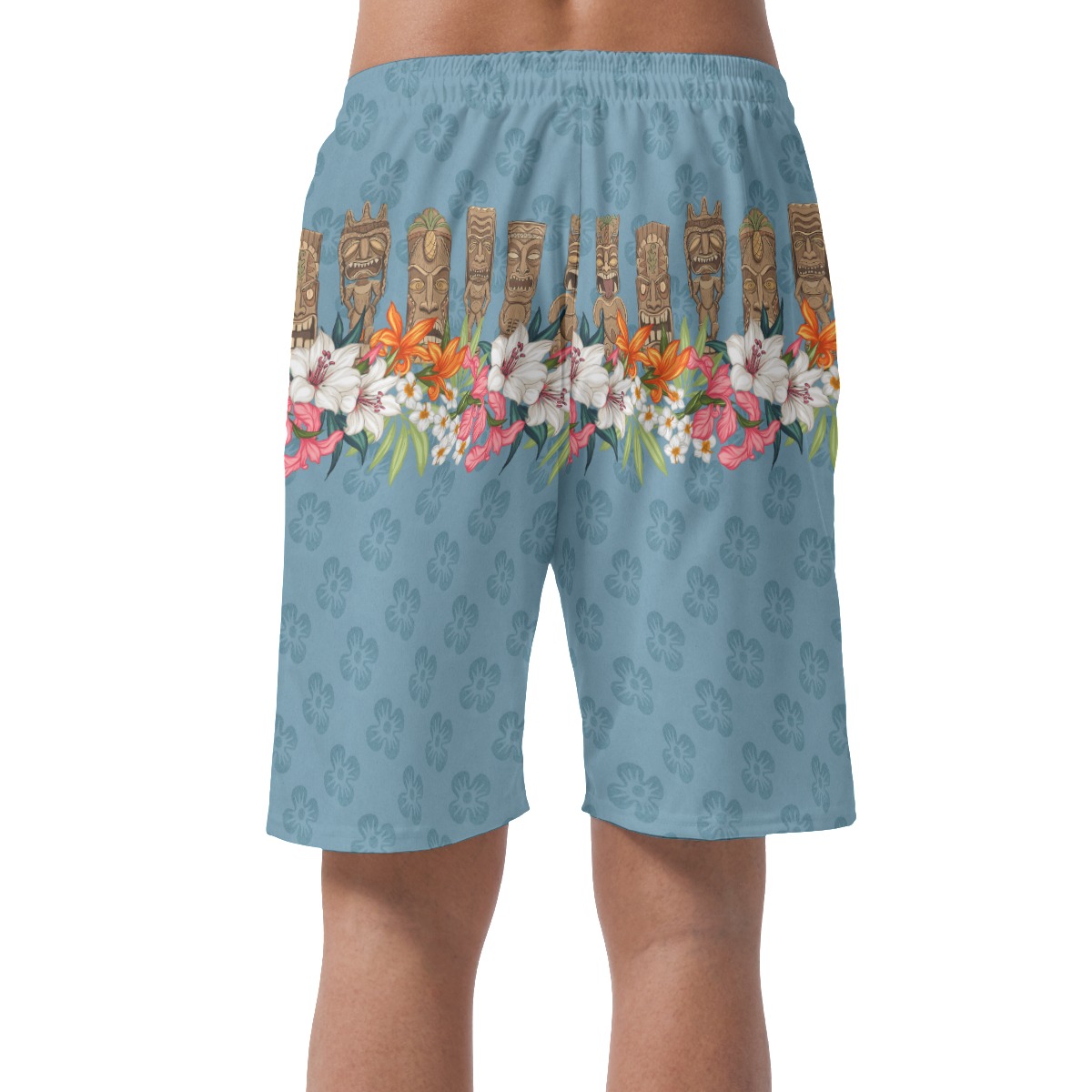 Classic Tiki Floral Blue Hawaiian Beach Shorts For Men