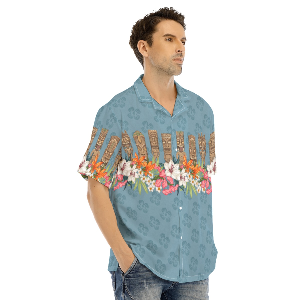 Floral Tiki Classic Blue Hawaiian Shirt