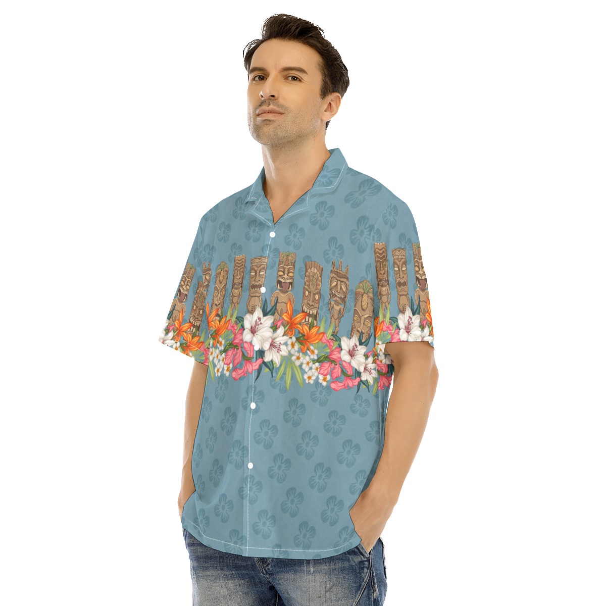 Floral Tiki Classic Blue Hawaiian Shirt