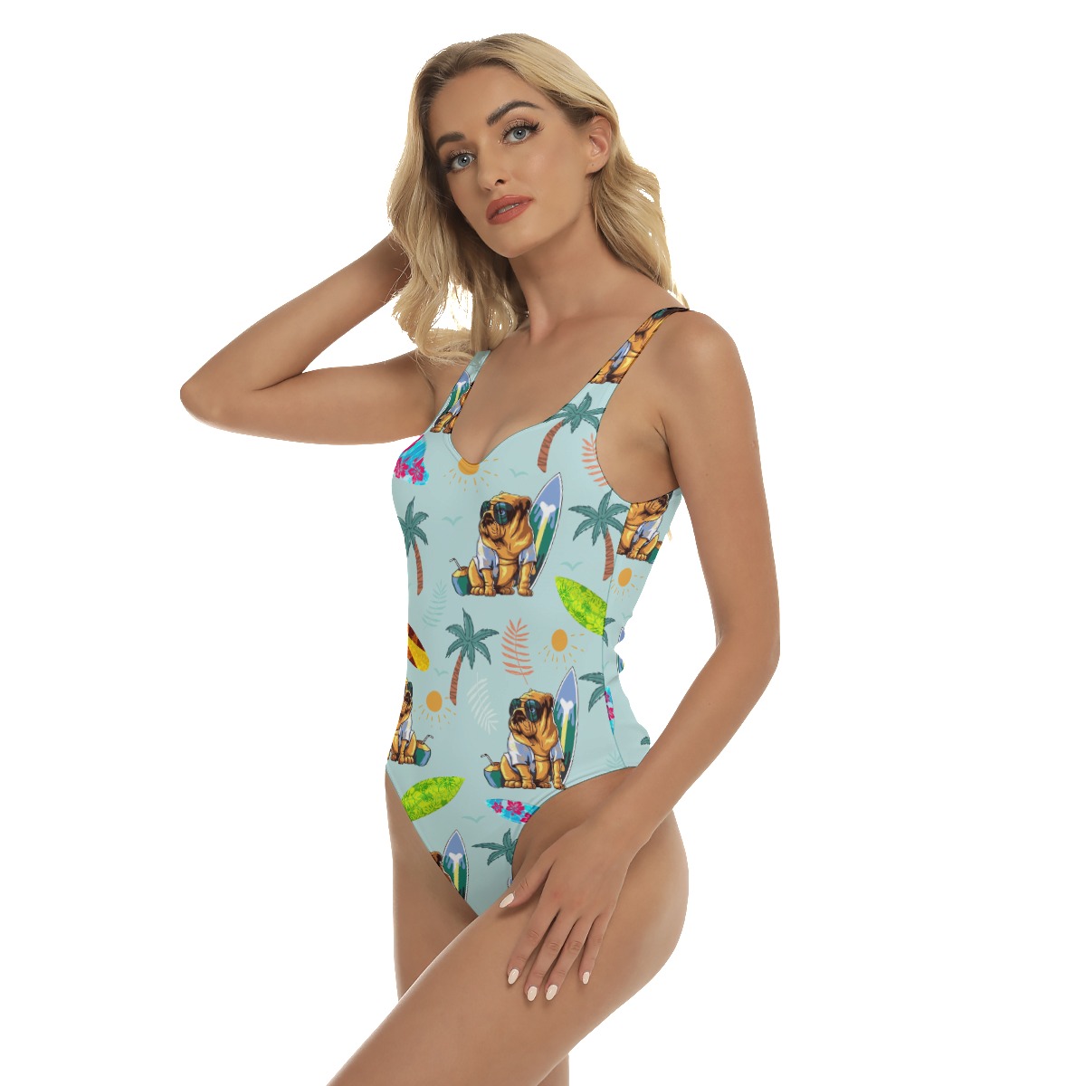 Funny Bulldog Surfing Palm Tree Women's Hawaiian Swimsuit