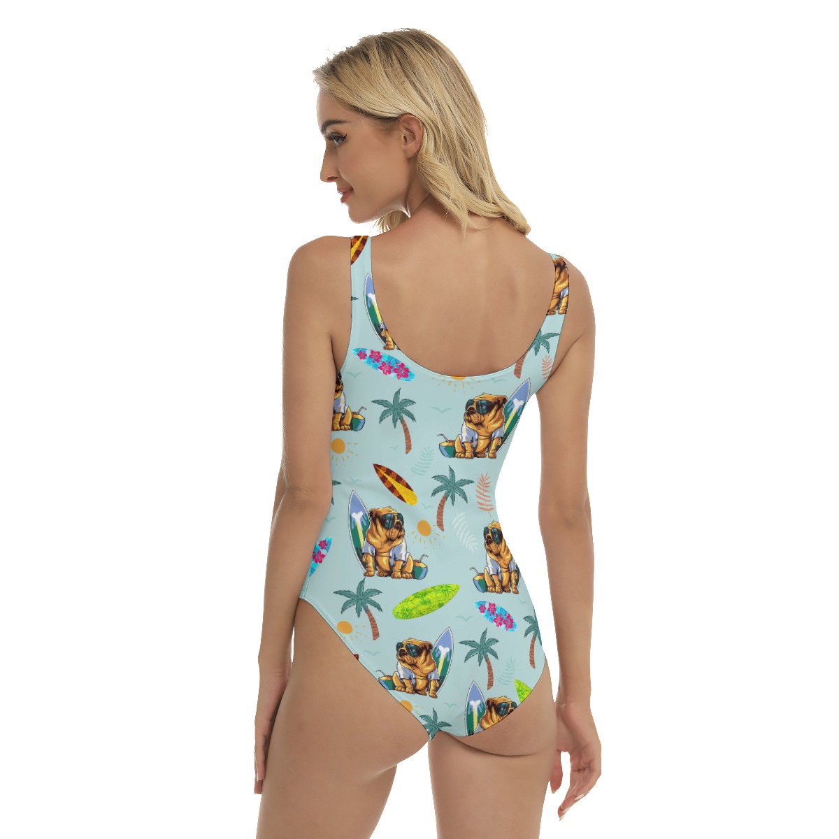 Funny Bulldog Surfing Palm Tree Women's Hawaiian Swimsuit