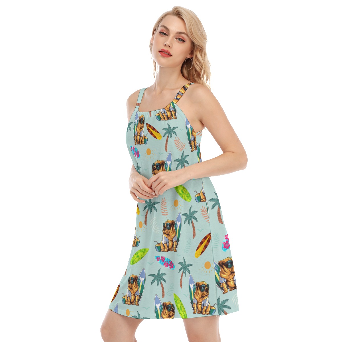 Funny Bulldog Surf And Palm Tree Aloha Women's Dress