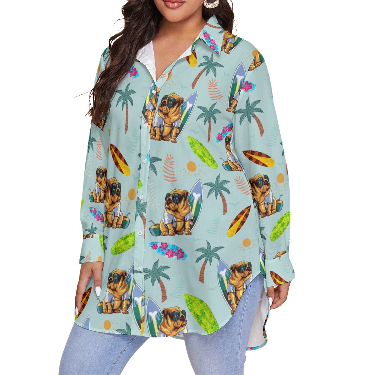 Palm Tree Bulldog Surfing Hawaiian Plus Size Shirt For Women
