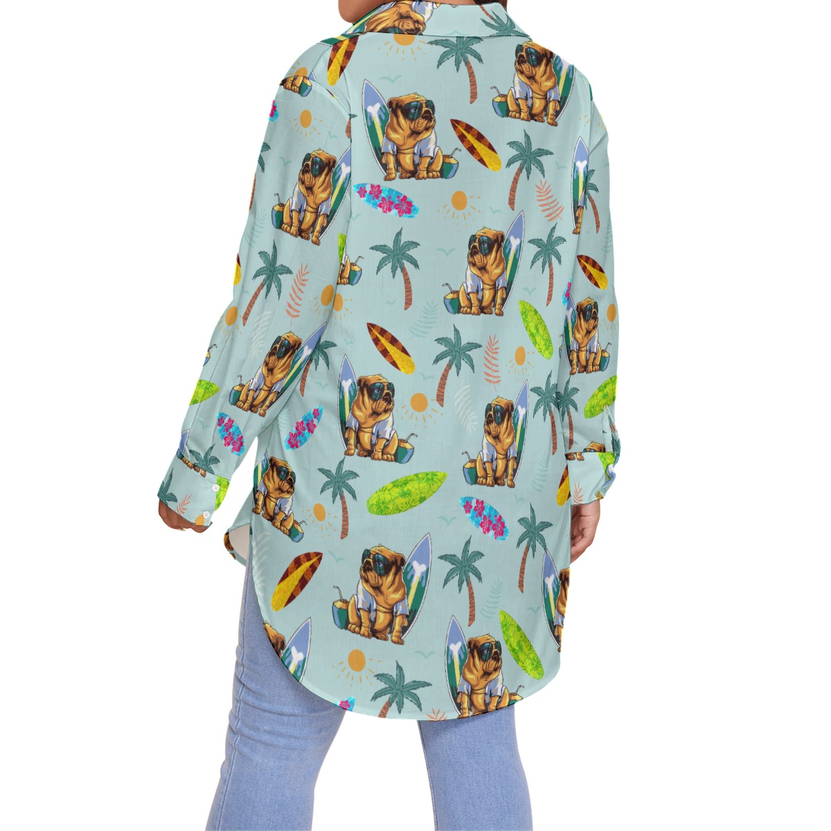Palm Tree Bulldog Surfing Hawaiian Plus Size Shirt For Women
