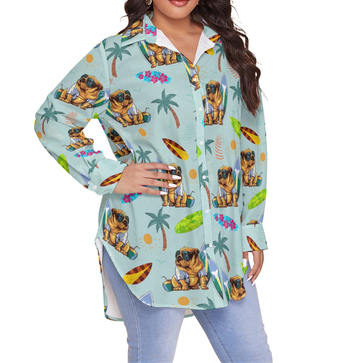 Palm Tree Bulldog Surfing Hawaiian Plus Size Shirt For Women