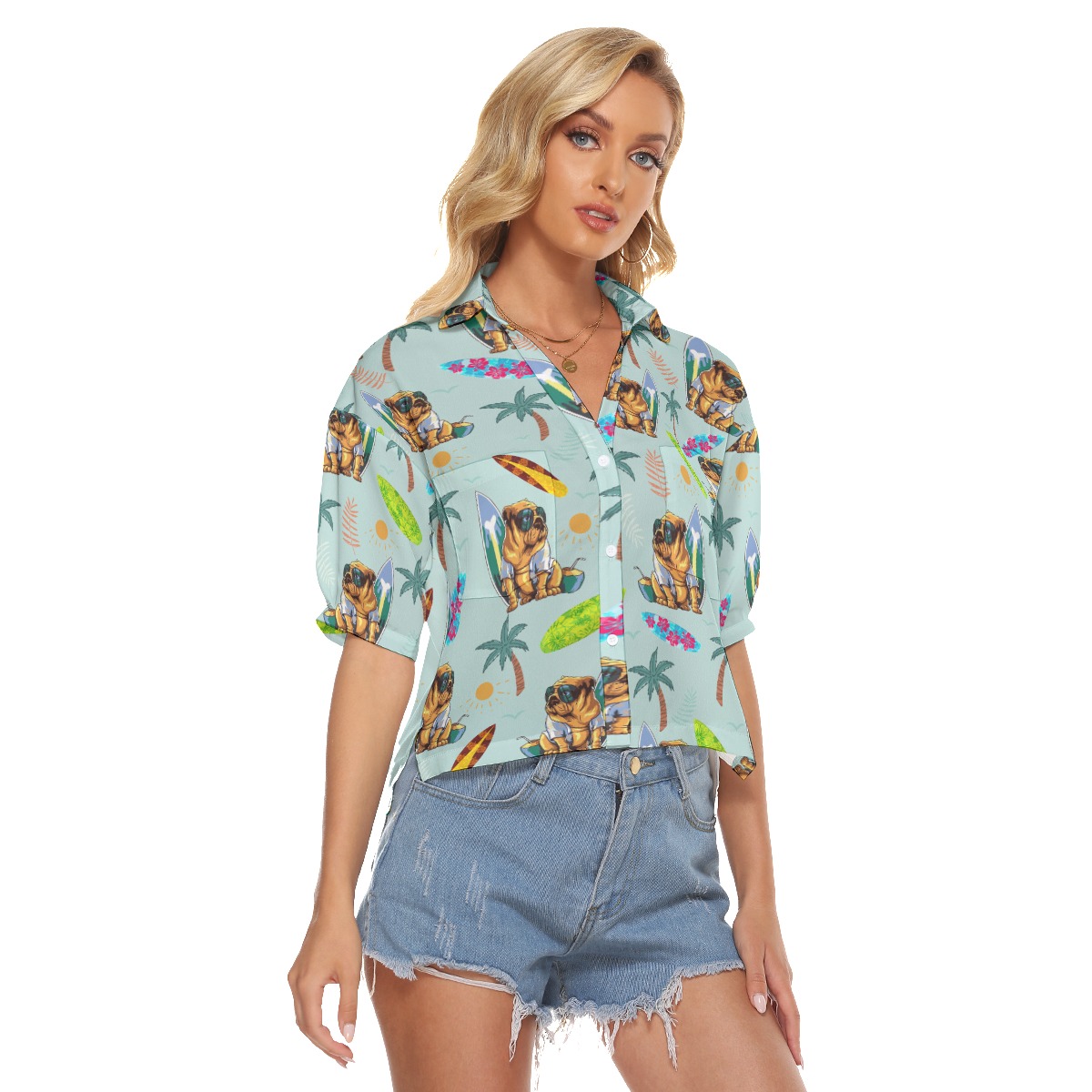 Bulldog Surf And Palm Hawaiian Cropped Shirt For Women