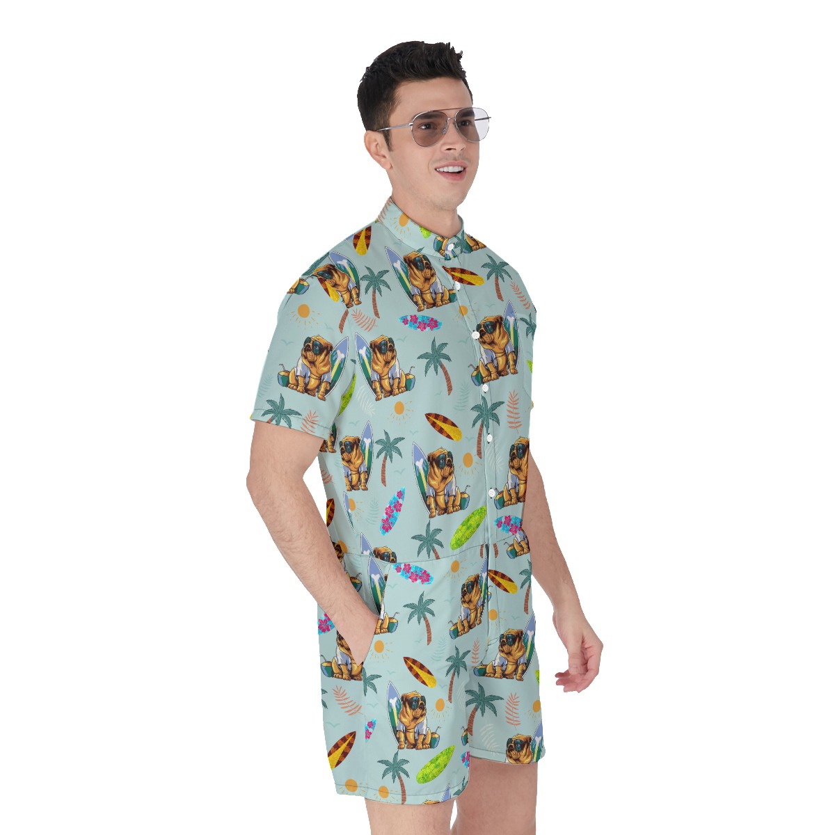 Funny Bulldog Surf And Palm Men's Hawaiian Romper