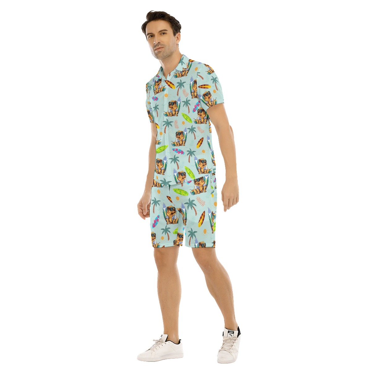 Set Tropical Bulldog Surfing Boards Hawaiian Shirt And Matching Shorts For Men